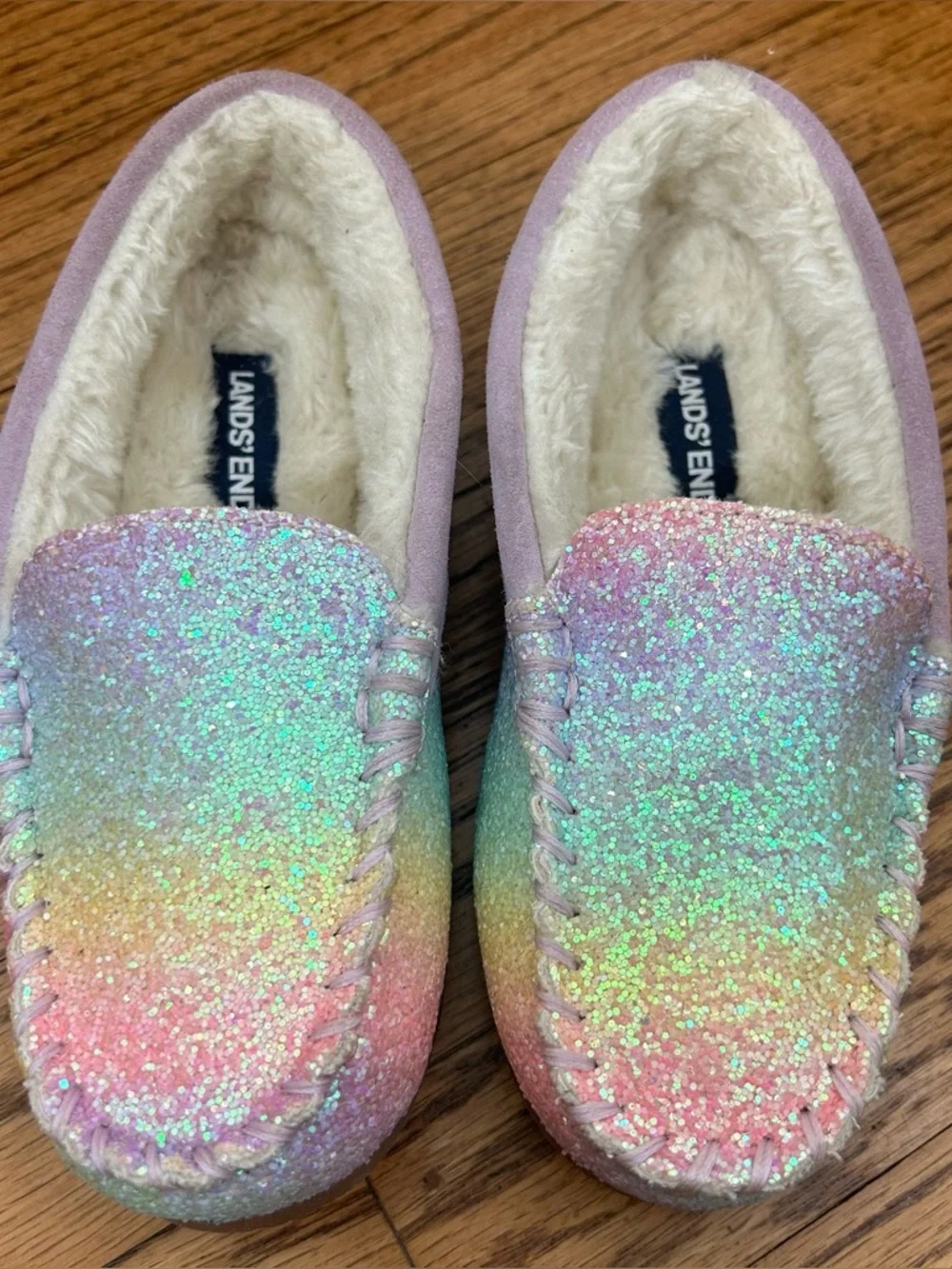 LAND’S END Kid’s Fuzzy Lined Rainbow Shimmer Moccasin Slippers Size 13